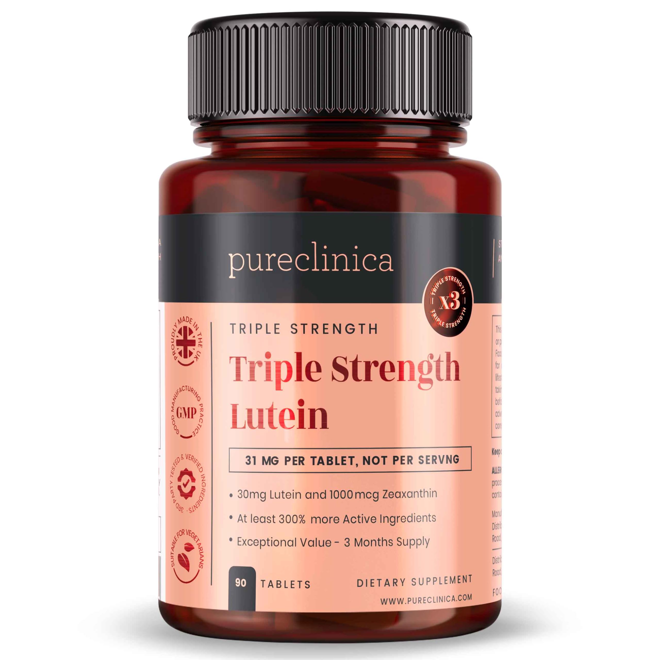 Triple Force Lutéine 30 mg x 90 comprimés. Avec 1000 mcg de Zéaxanthine - Fourniture de 3 mois.