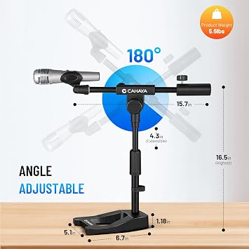 CAHAYA Mic Stand Desk Adjustable - Boom Arm Desktop Microphone Stand Metal Weighted Base A-frame Table Mic Mount with 2 Mic Clips 3/8 to 5/8 Screw Adapter Mic Mount for Singing Stage Performance