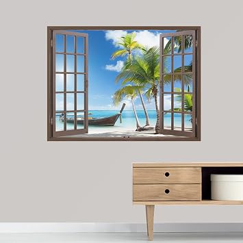 IDEA4WALL Wall Murals for Bedroom Fake Window Beach Brown Window Removable Wallpaper Peel and Stick Wall Stickers - 24x32 inches