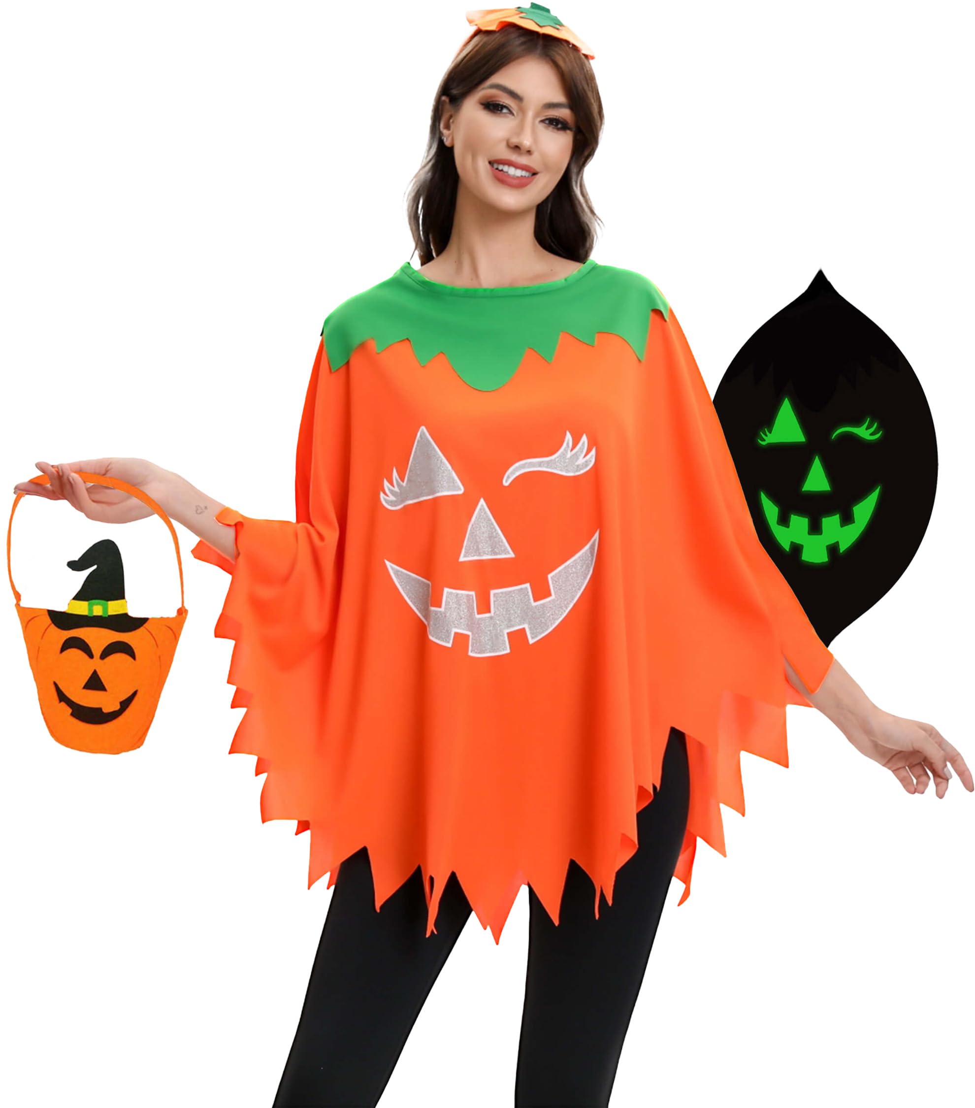 3 PCS Glow in the Dark Pumpkin Costume for Women - Halloween Outfit with Headband, Candy Bag, Wrinkle-Resistant Poncho (One Size, Fits Over Sweaters)