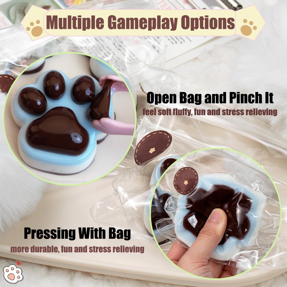 2Pcs Taba Squishy Cat Paw Squeeze Toys, Cute Cat Paw Squishy Toys for Stress Relief, Soft Kitty Squeeze Fidget Toys, Blue Brown Sensory Fidget Decompression Toy for Kids Adults (Sea Salt Chocolate)