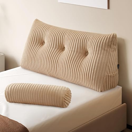 Z-hom Large Headboard Pillow Twin with ONE ROLL Pillow, Wedge Pillow Headboard for Sitting Up in Bed, Backrest Support Triangular Cushion for Reading, Gap Pillow w/Removable Washable Cover,Beige