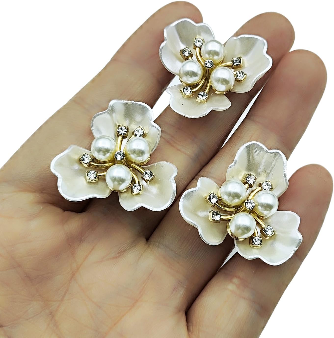 10pcs Pearl Rhinestone Flat Back Embellishments Sew On Buttons Flower Buttons for DIY Craft, Bags Shoes Dress Decoration, 28 x 26mm, White