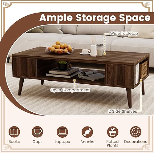 Miniatura 5 de Giantex Mesa auxiliar moderna de mediados de siglo, mesa central rectangular de 42 pulgadas con 2 estantes de almacenamiento y compartimento