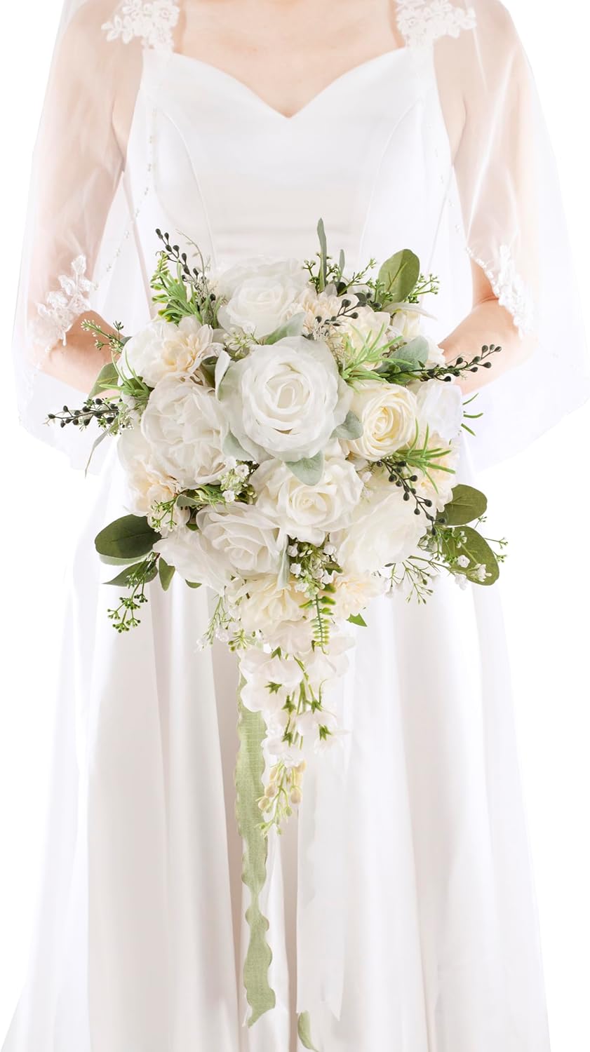 12 Inch Cascade Wedding Bouquets for Bride, Ivory & Champagne Cascading Bridal Bouquet for Wedding Silk Artificial Flowers
