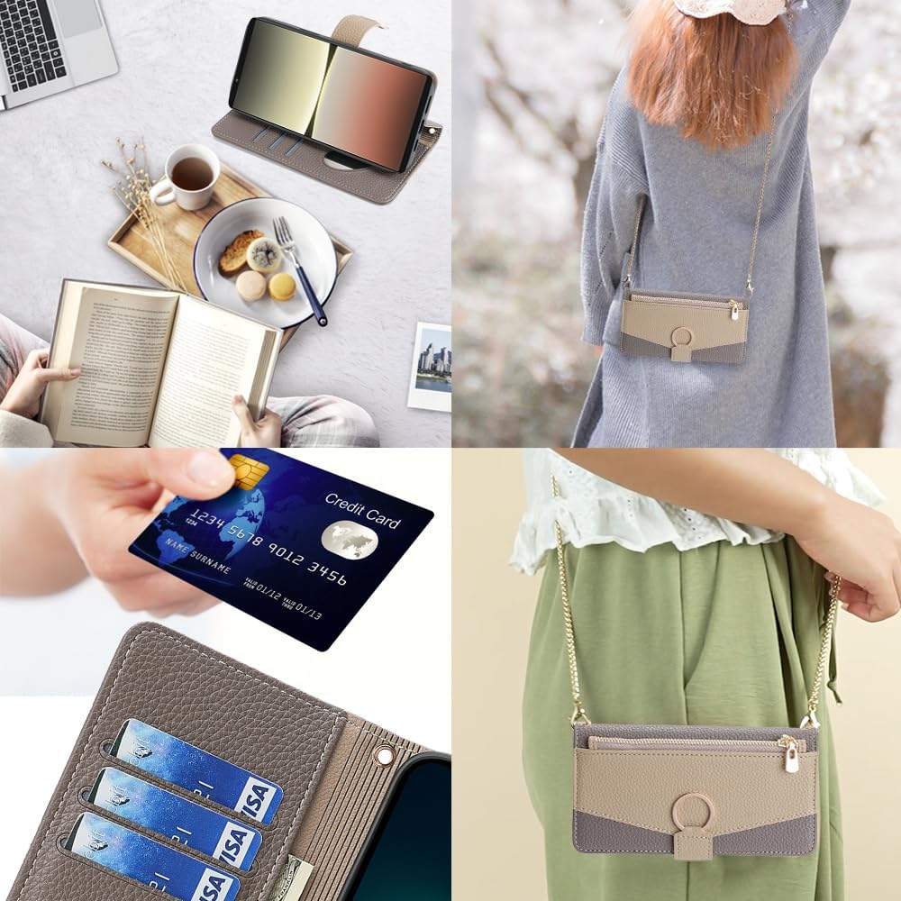 Wallet Case with Crossbody Strap Compatible for Sony Xperia 1 VI, Magnetic Handbag Zipper Pocket Cases PU Leather Flip Shockproof Cover with Kickstand Gray