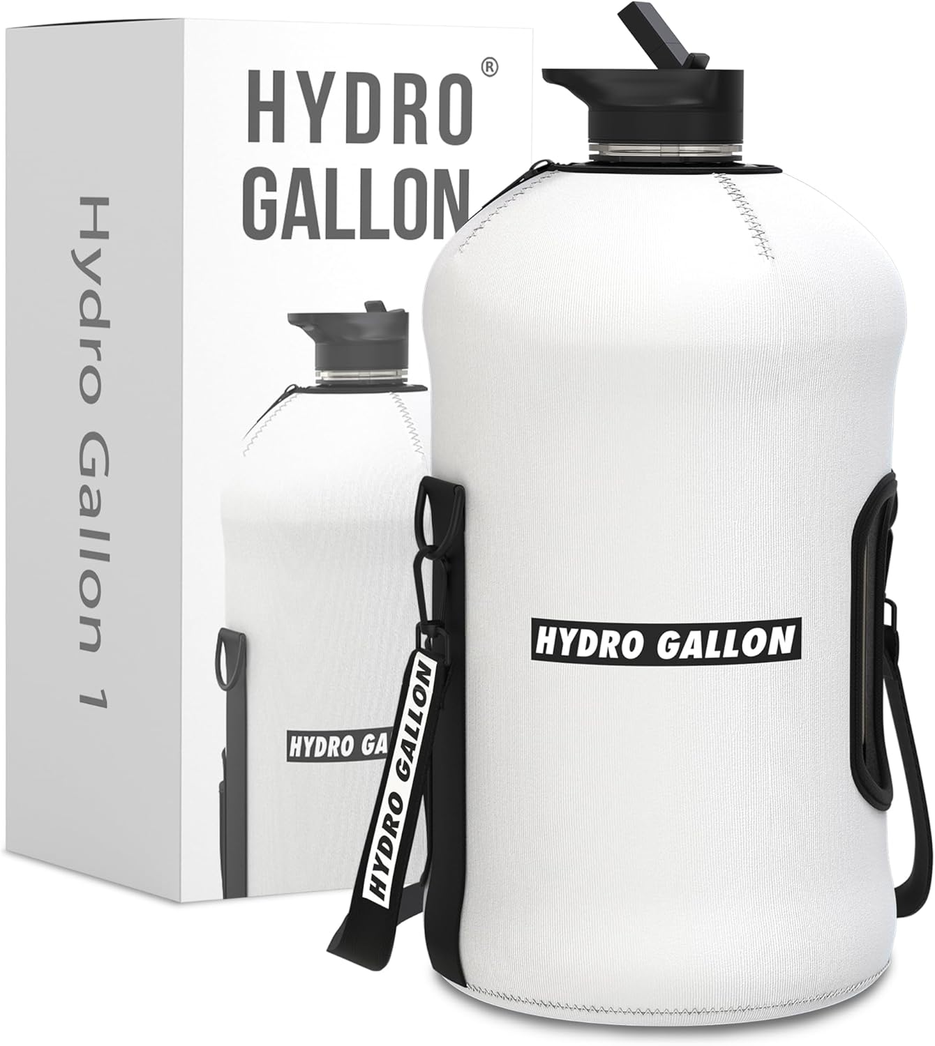 Hydro Gallon® - 1 Gallon Water Bottle Jug with Insulated Sleeve and Straw Lid, Handle, Motivational Time Marker, Pocket, Shoulder Strap. Leakproof BPA free Large Big Bottle. 128oz (White) White Original