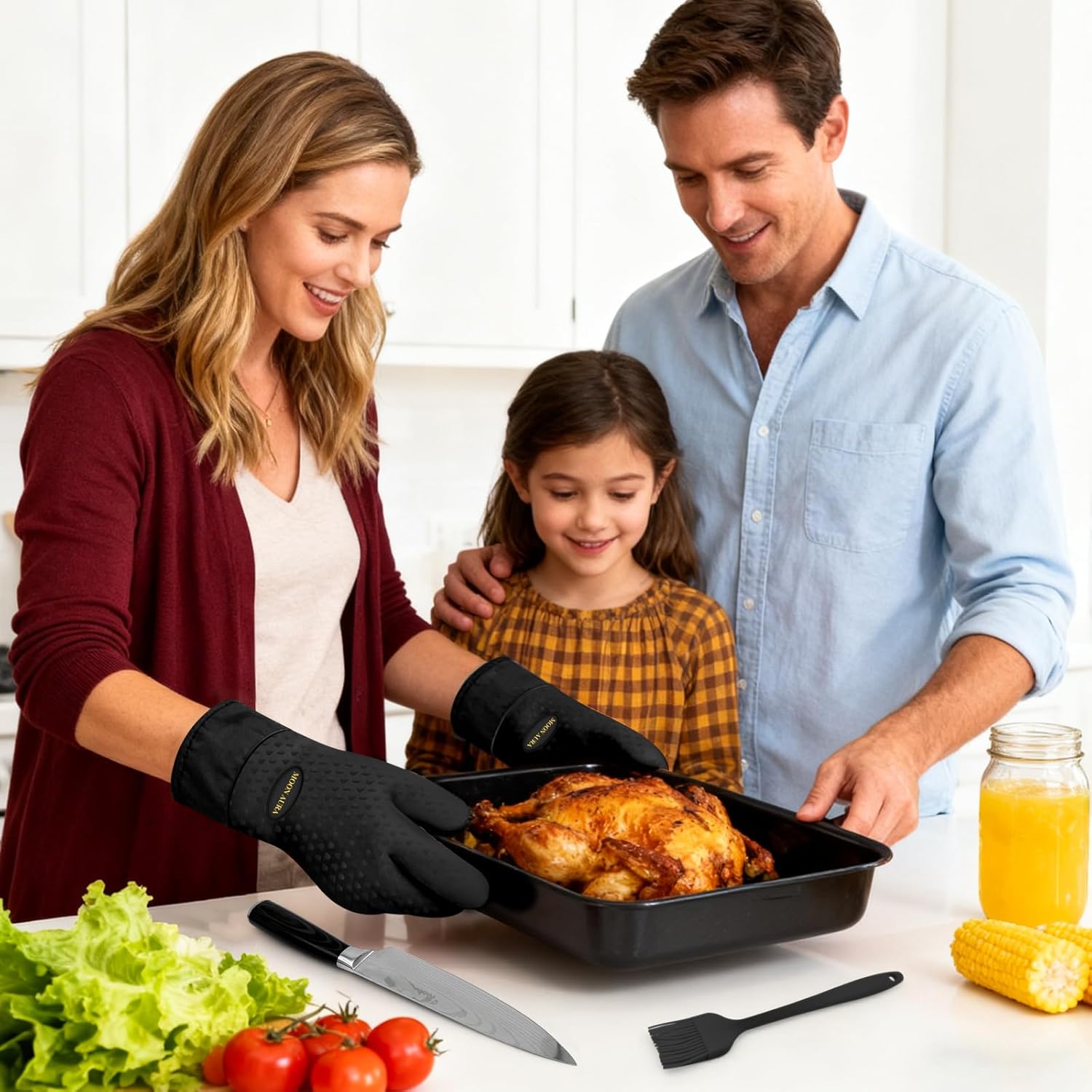 Silicone Smoker Oven Gloves - BBQ Gloves with Sharp Knife, Basting Brush and Sticky Hook.