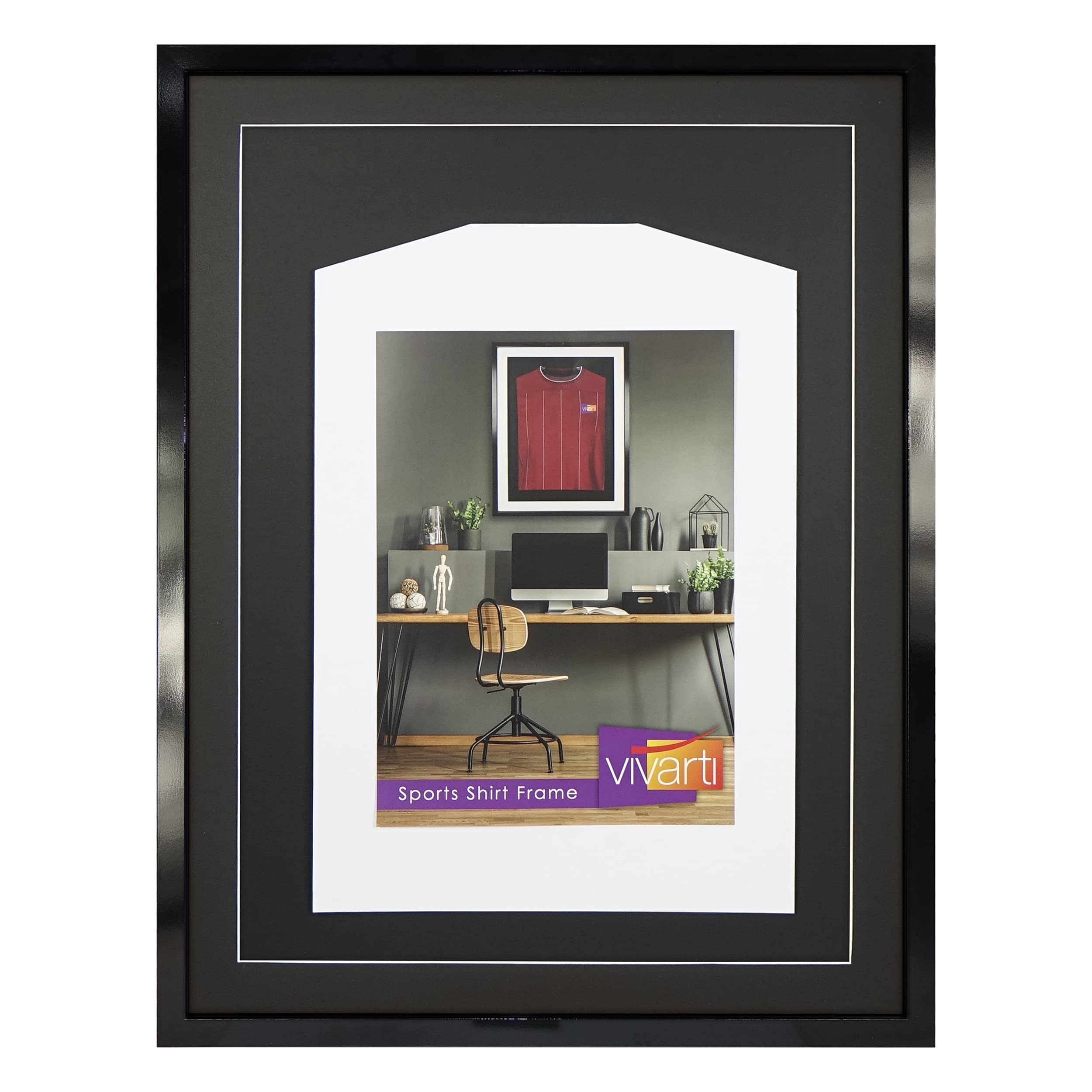 Vivarti DIY dla dorosłych 3D montowana koszulka sportowa ramka ekspozycyjna do koszulki piłkarskiej, koszulka rugby, koszula z paskiem Shadow Box - 60 x 80 cm - błyszcząca czarna ramka, czarny uchwyt, czarna tylna karta
