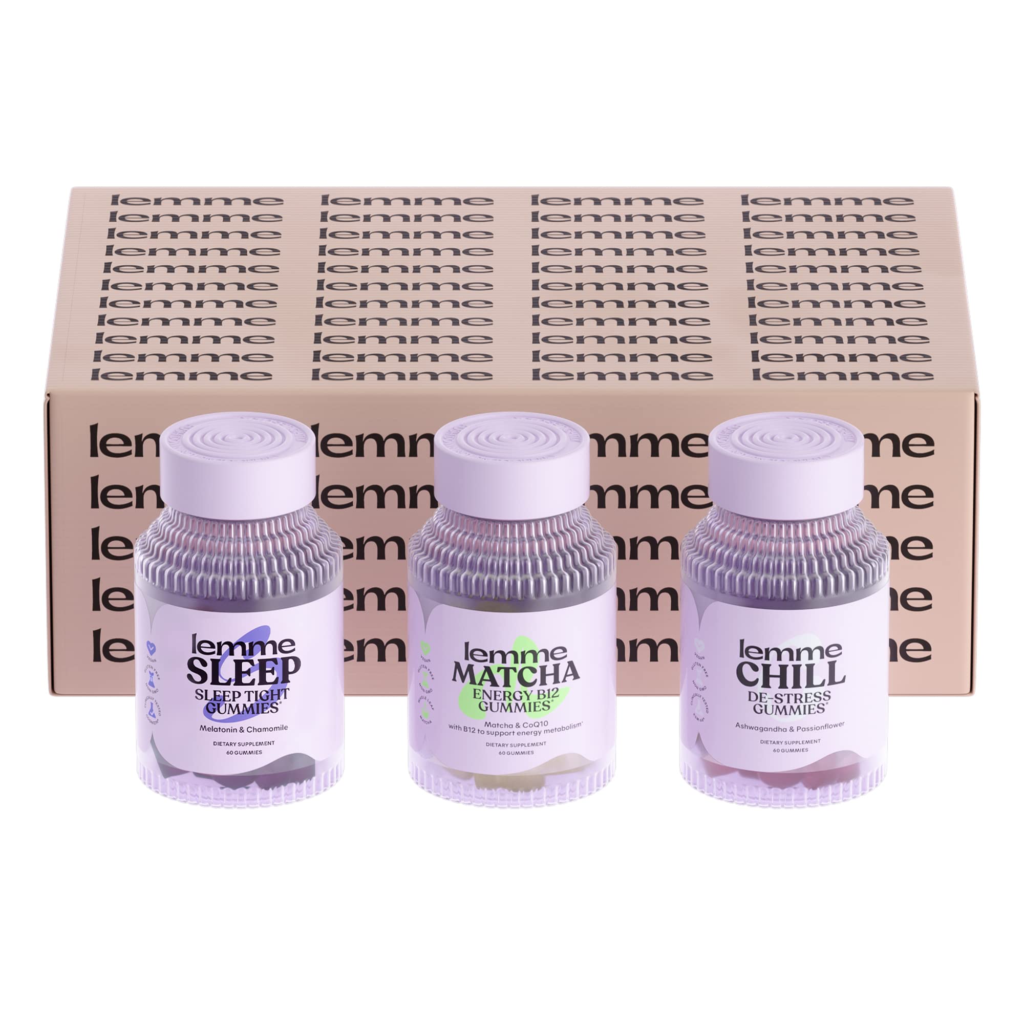 Lemme 24/7 Bundle (Gift Box) - Matcha, Chill and Sleep Gummies - B12, KSM-66 Ashwagandha, Melatonin & Magnesium to Support Energy, Stress Relief & Sleep - Gluten Free (Variety Pack of 3)