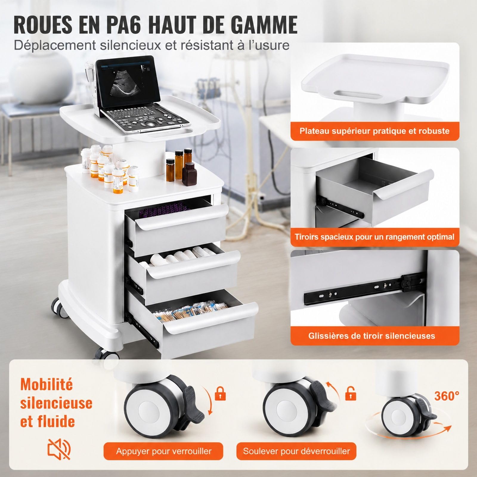 Chariot de Laboratoire 4 Niveaux avec 3 tiroirs, Blanc, Chariot Roulant pour Laboratoire, Bureau et Rangement