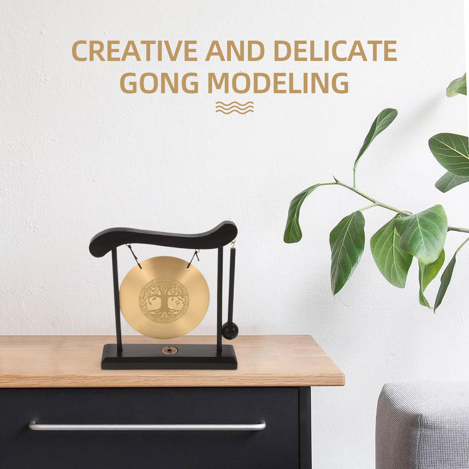 Kichvoe Gong Estable y de Cobre y Madera de Escritorio Decorativo con Patrón de Árbol Vida para Interior del Hogar