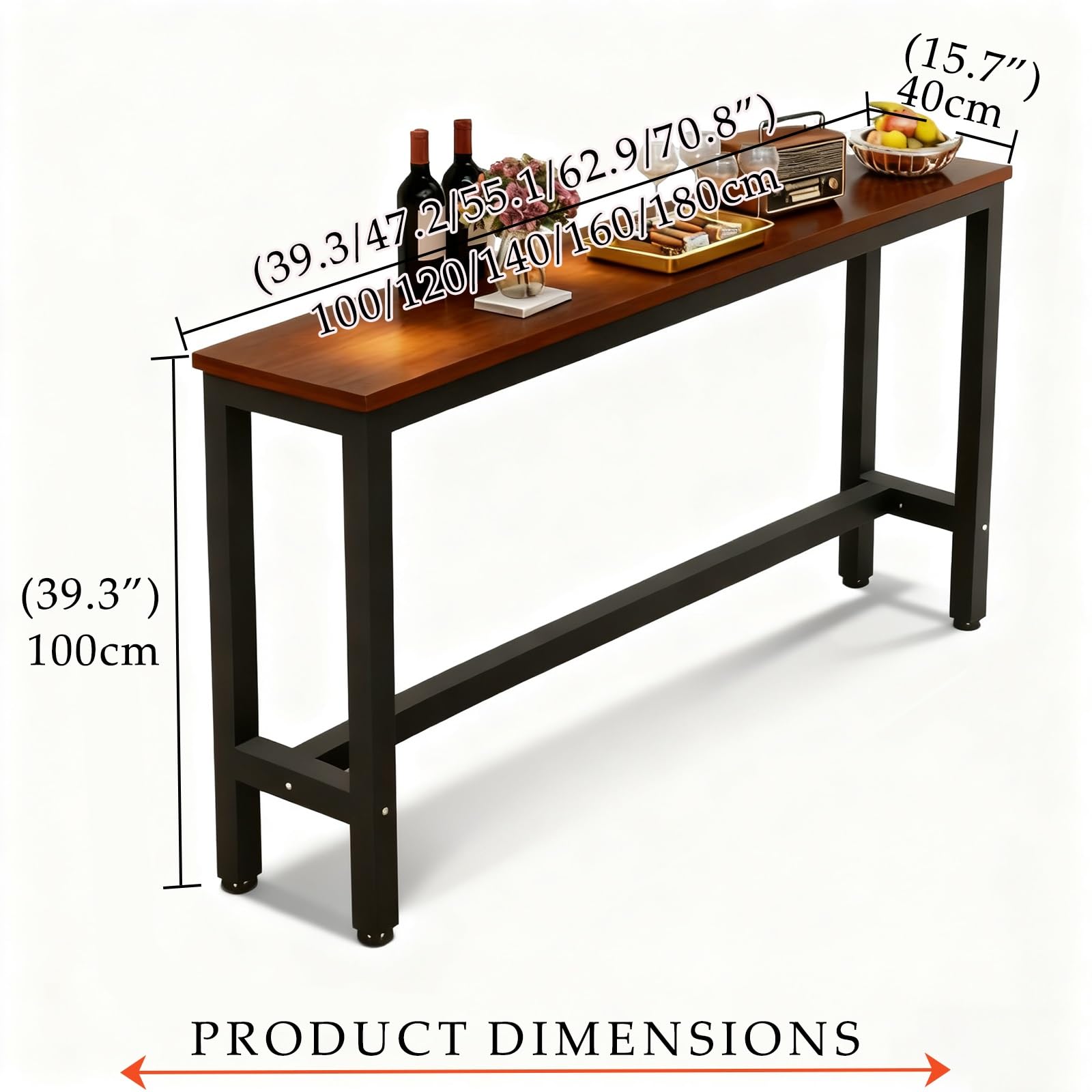 Table de bar de cuisine en noyer clair – 120 x 40 x 100 cm avec cadre en métal et capacité de 150 kg – Bureau café élégant pour salle à manger et divertissement à la maison