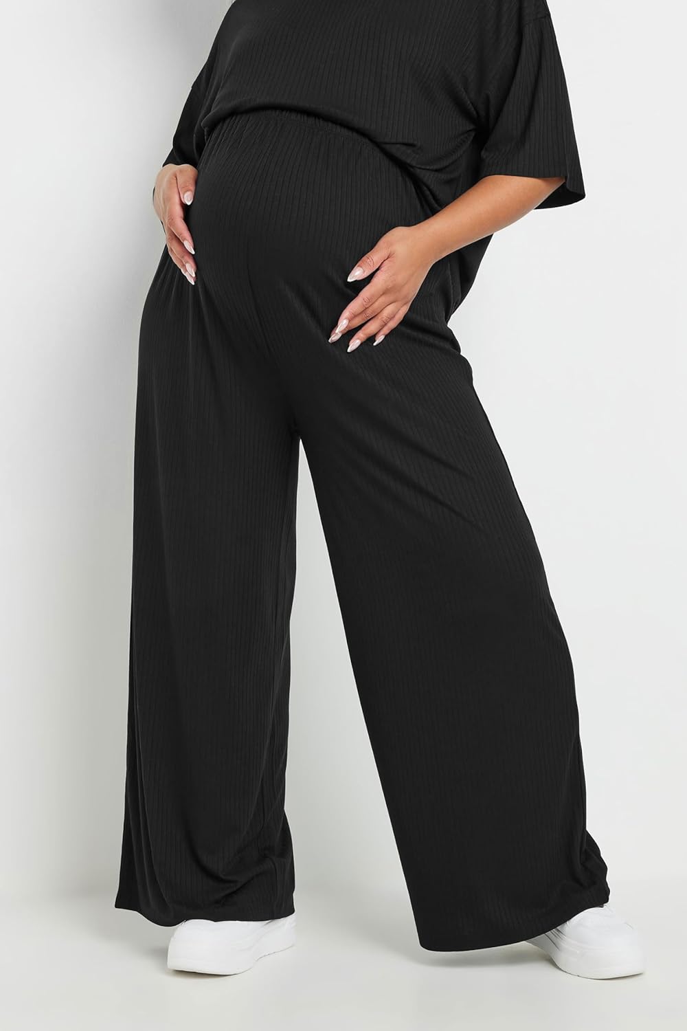 Yours Curve Women's Plus Size Maternity Premium Ribbed Wide Leg Pants Black