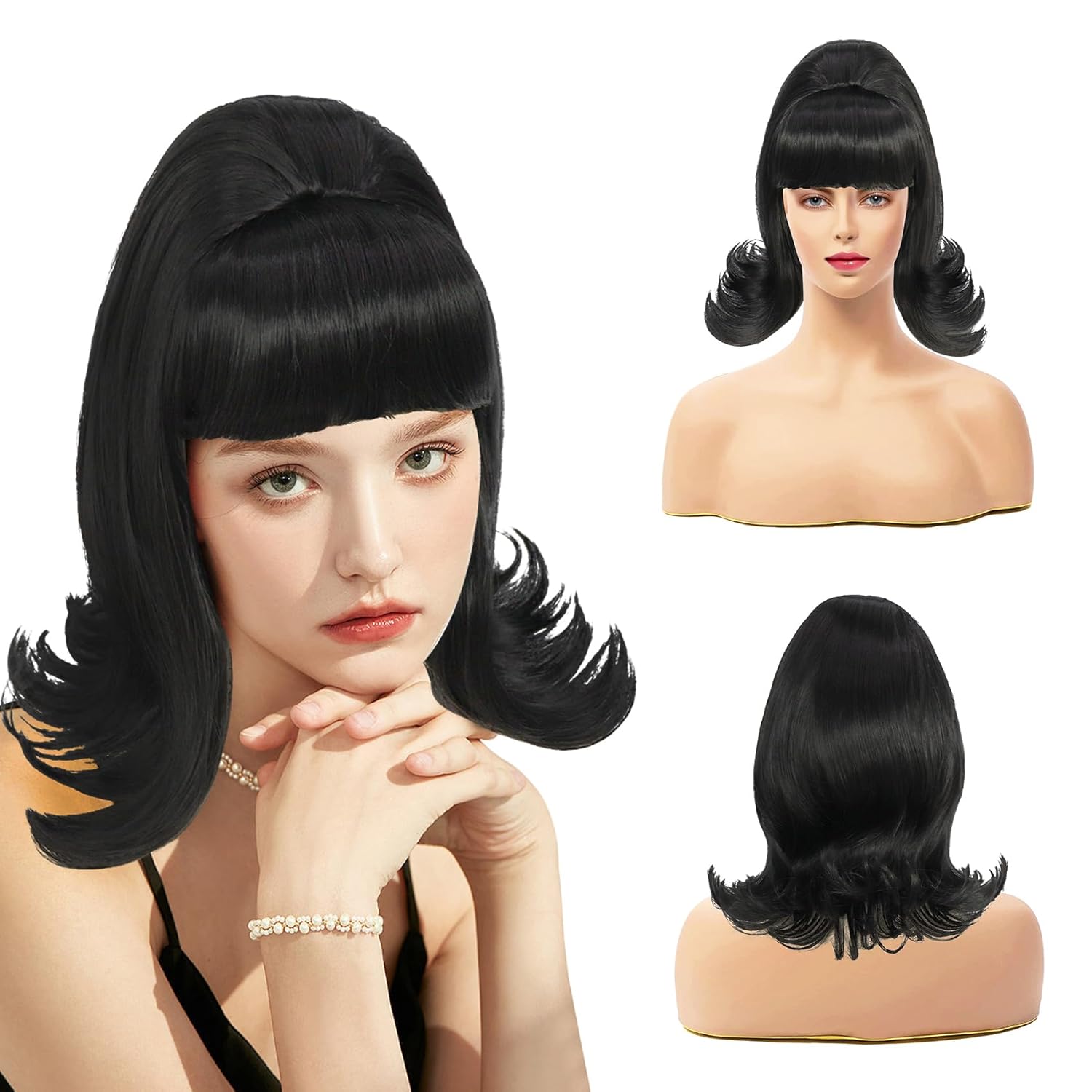 Black Flip Wig Women 60s Wig Short Black Beehive Synthetic Hair for Vintage 50s Halloween Party Costume - Image 2