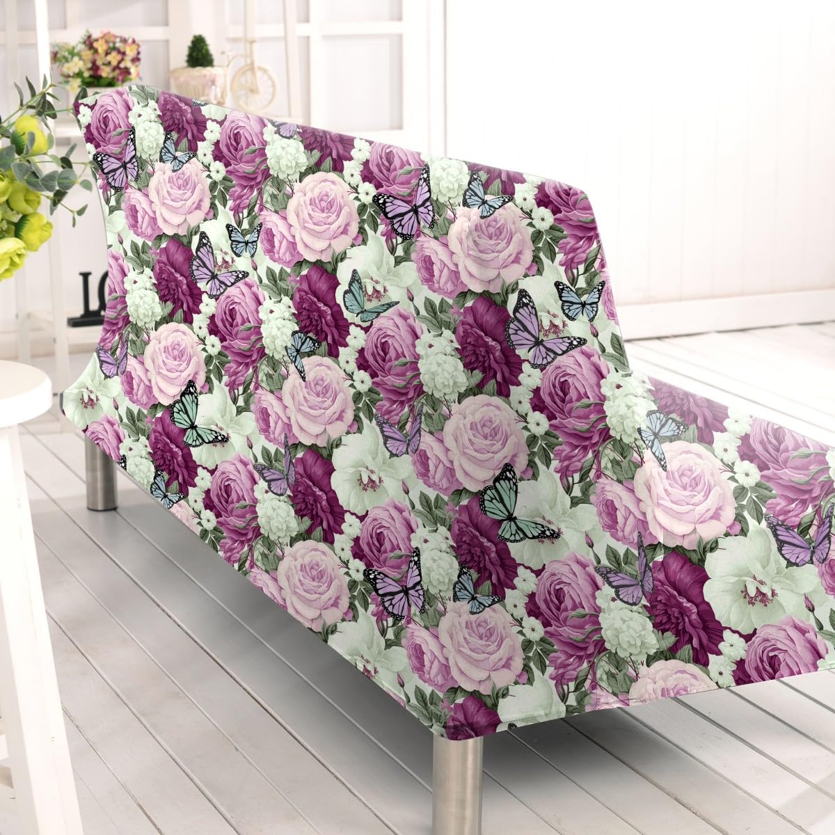 Armless Sofa Bed Cover Polyester Spandex Stretch Futon Slipcover Protector 3 Seater Elastic Full Folding Couch Sofa Cover fits Folding Sofa Bed without Armrests 80" x 50" in(Butterfly Flower) - Image 4