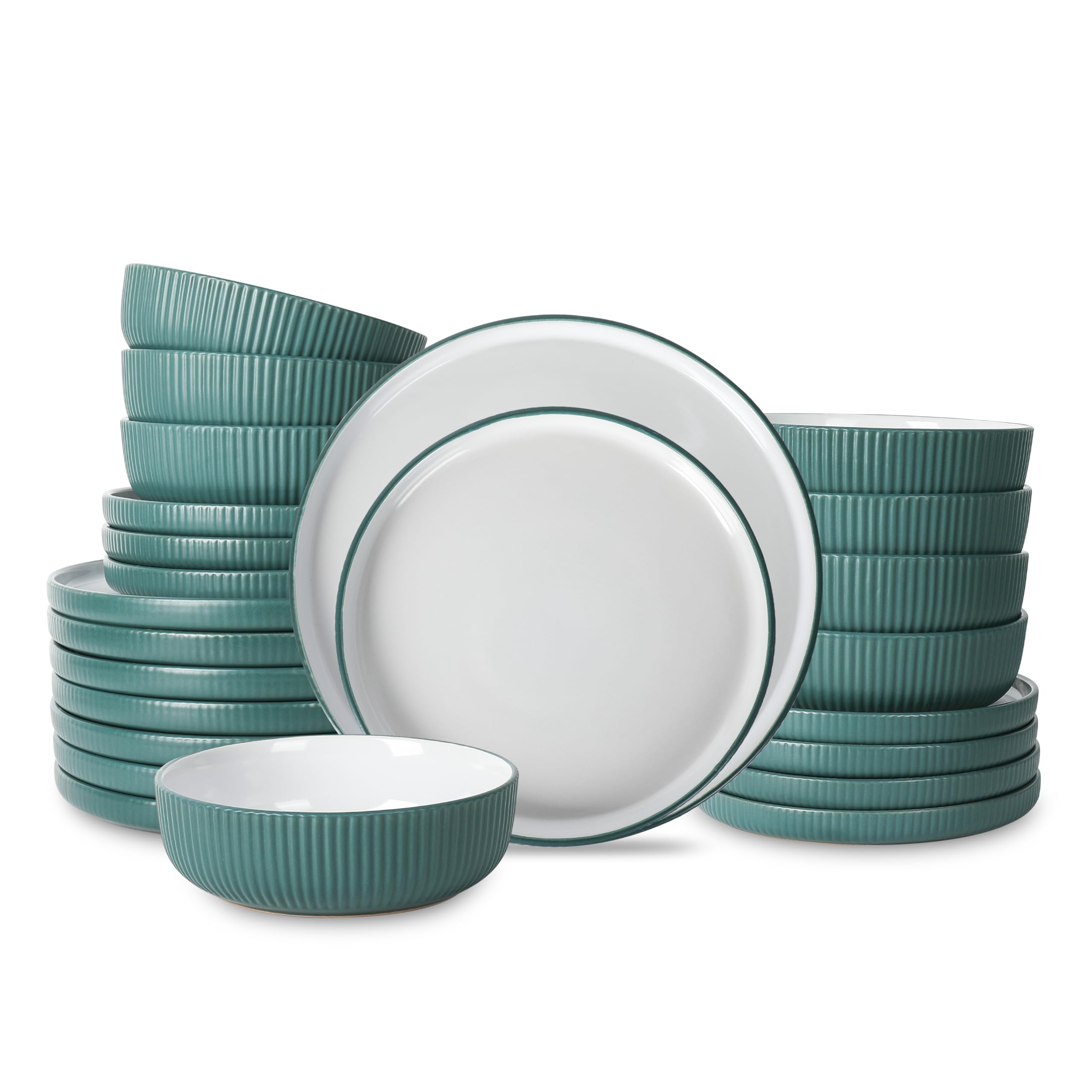 Christian Siriano Laro 24-Piece Stoneware Dinnerware Set, Plates and Bowls Set, Microwave and Dishwasher Safe, Dish Set for 8, Green