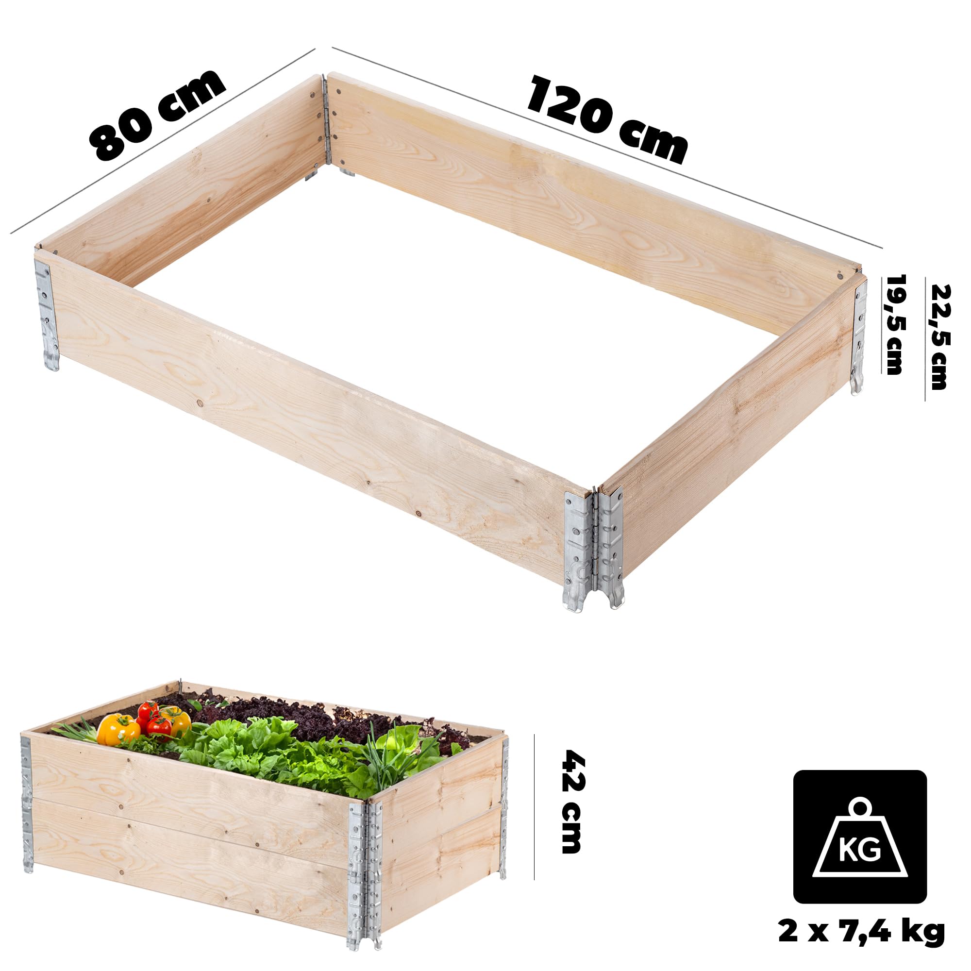 KADAX Marco de madera para palés apilable, marco de madera para jardín, bancal alto, jardinera, jardinera, bancal de verduras, bancal de hierbas (juego de 2 unidades de 120 x 80 x 22,5 cm)