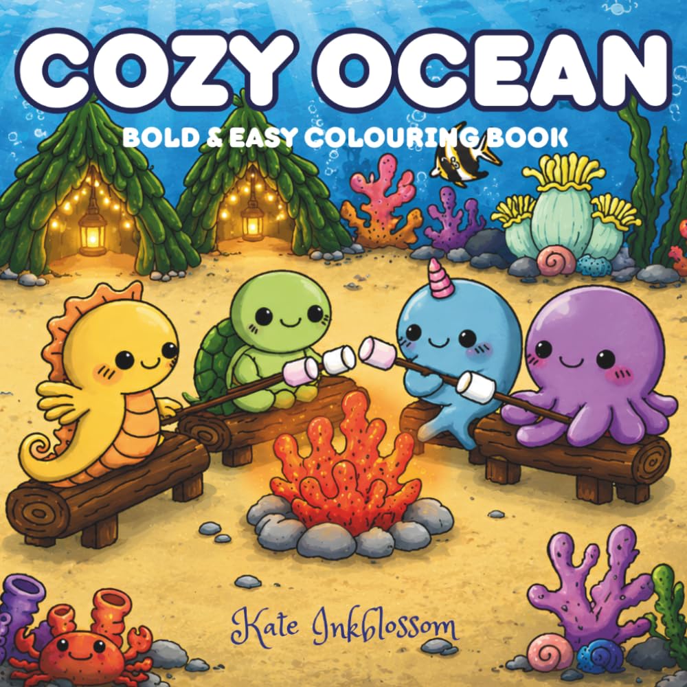 Cozy Ocean Coloring Book: Hand Drawn Bold and Easy Coloring Pages for Teens and Adults with Cute Sea Creature Friends