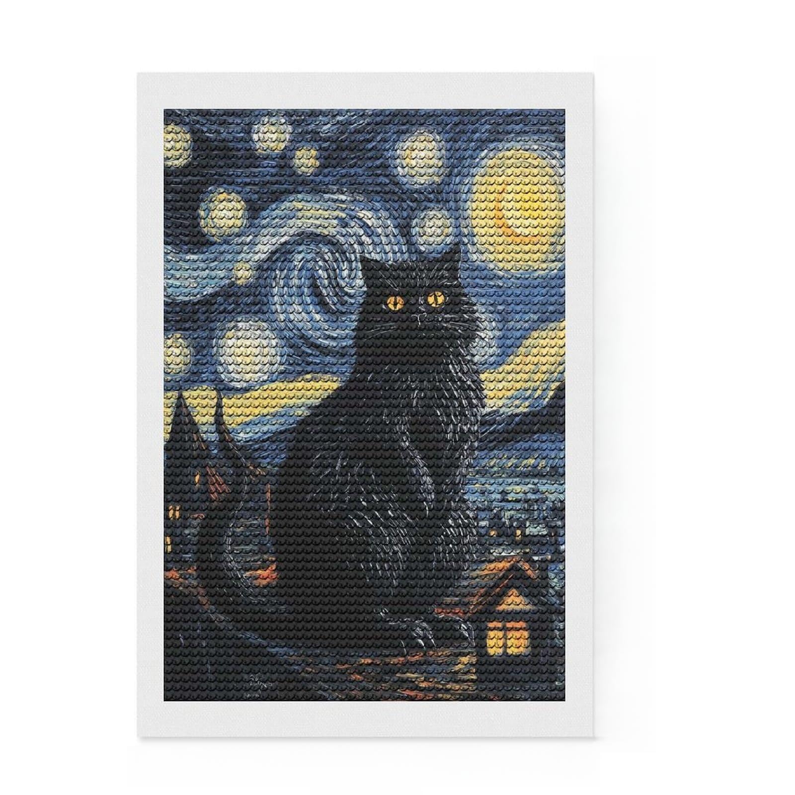Junmoney Starry Night Cat DIY Diamond Art Canvas Kit 8"x12", Mindful Craft Activity, Calming Craft to Unwind, Vintage Style Decor