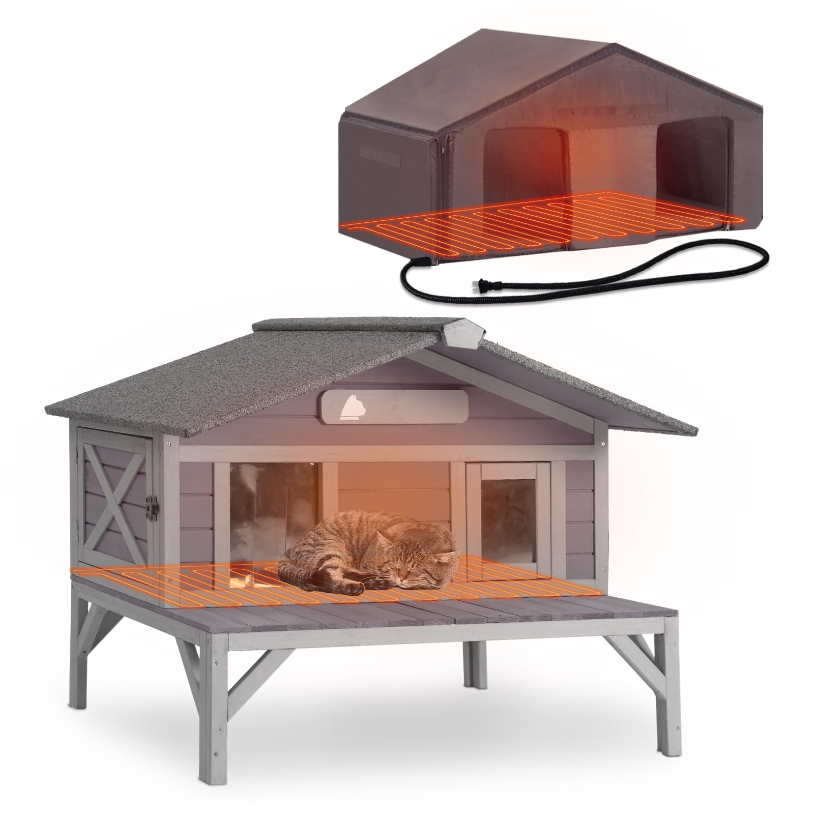 GUTINNEEN Heated Cat House Large Insulated Cat House Outdoor Weatherproof Feral Cat Shelter with Heated Pad, Insulated All-Round Thermal Liner for 1-4 Cats (Winter-Ready)