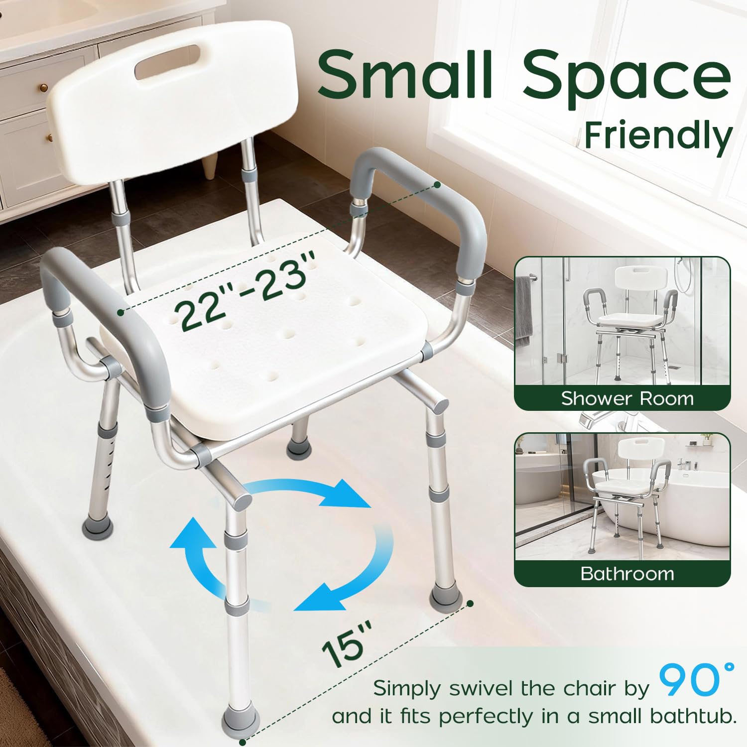 Agrish Silla de Ducha Giratoria 360° con Respaldo y Brazos Extraíbles | Altura regulable, base antideslizante y capacidad de 204 kg; ideal para mayores y personas con movilidad reducida