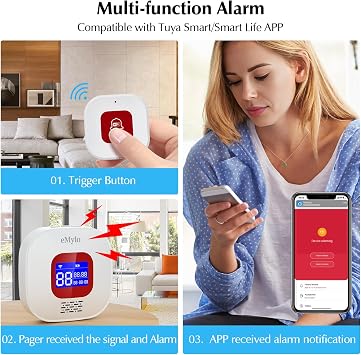 Seniors Emergency Call, Home Emergency Call, Emergency Button for Seniors, WiFi Seniors, Emergency Call Receiver x 1 + Call Button x 4, Compatible with Tuya Smart/Smart Life