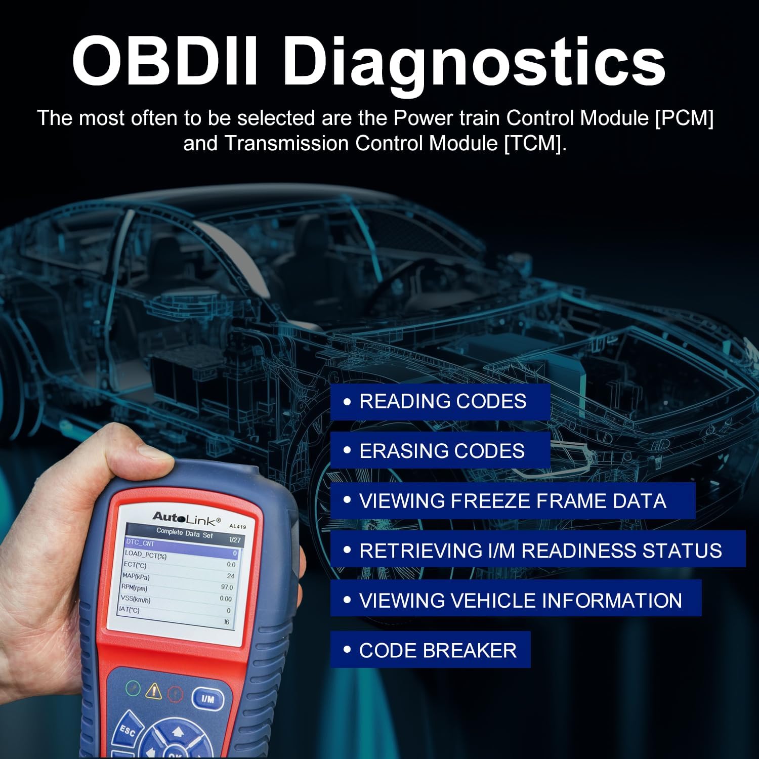 Autel AutoLink AL419 Vehicle OBDII/CAN Code Reader TFT Color Display Clears Codes and resets Monitors Views Freeze Frame Data DTC Definitions VIN