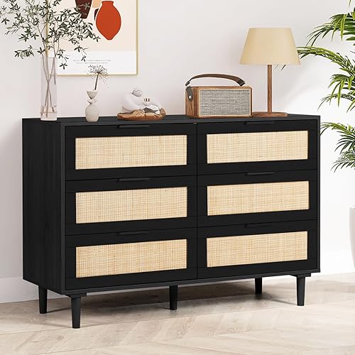 Miniatura 8 de Cómoda moderna de ratán con 6 cajones, cómoda de almacenamiento de madera, cómoda para dormitorio, sala de estar, pasillo (natural) Natural,Negro