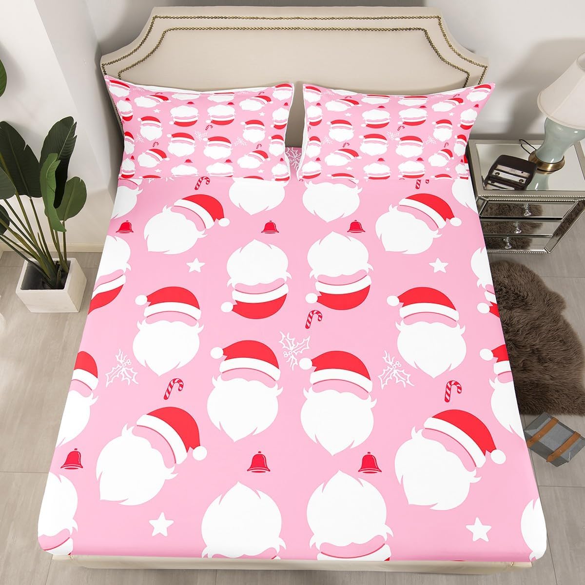 Erosebridal Santa Hat Bed Sheets Set Santa White Beard Kawaii Sheet Set Full,Christmas Gnome Fitted Sheet, Pink Kawaii Room Decor Aesthetic