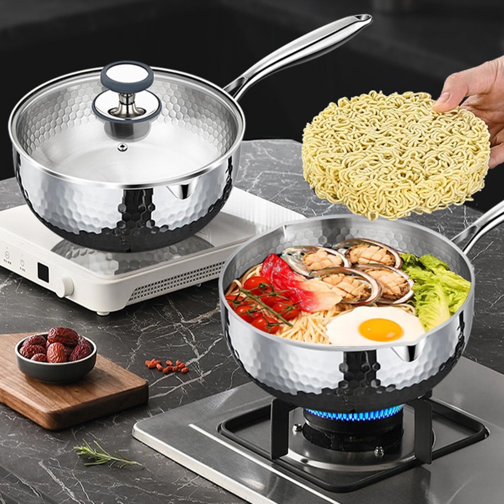 Cazo Con Tapa Menaje de cocina antiadherente con tapa y asa | Cazo Pequeño Para Vapor Y Salsas Para Freír, Cocinar a Fuego Lento, Hervir, en Cocina y en Hogar, Apto para Inducción