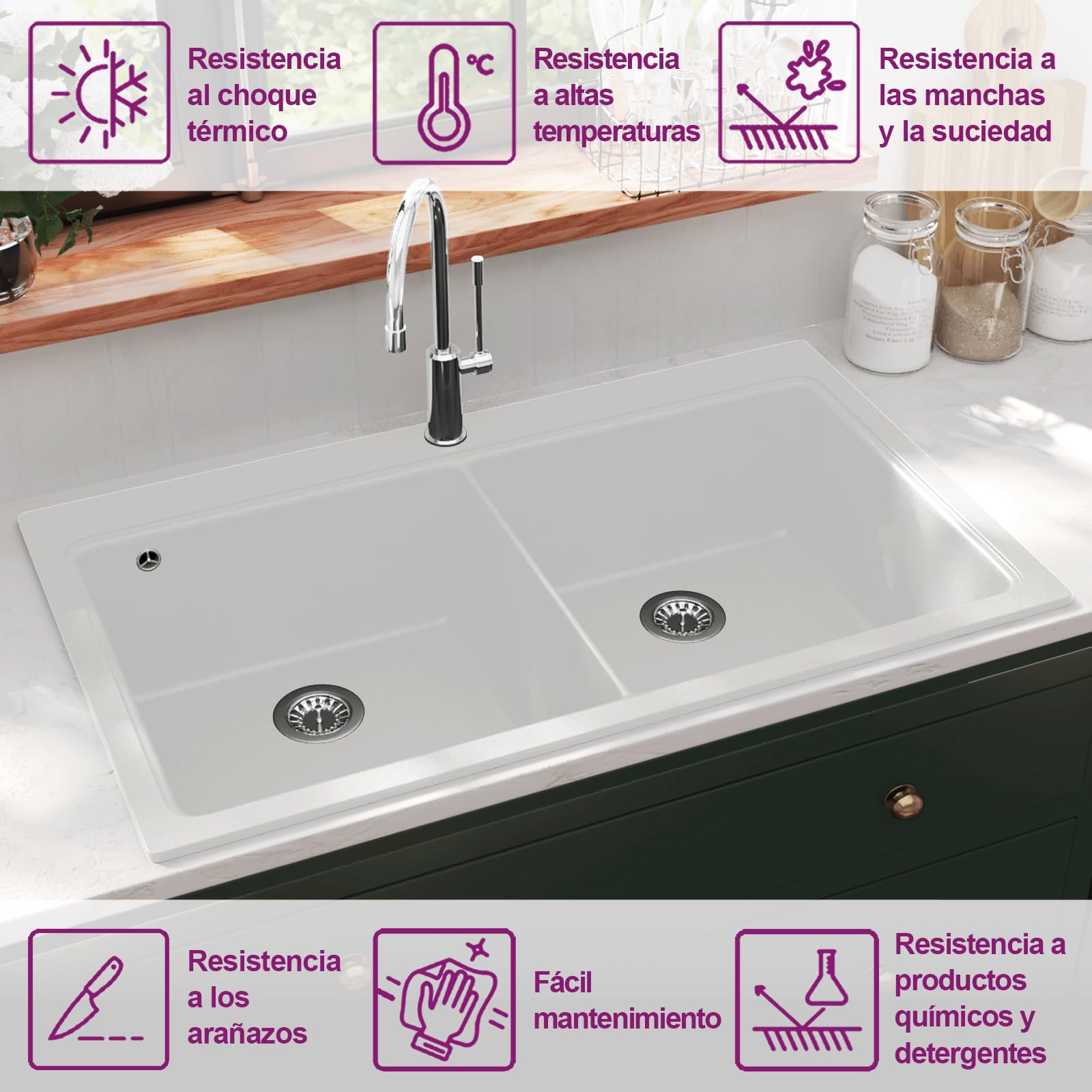 vidaXL Fregadero encastrable de Granito Blanco de Dos cubetas lavabos baño