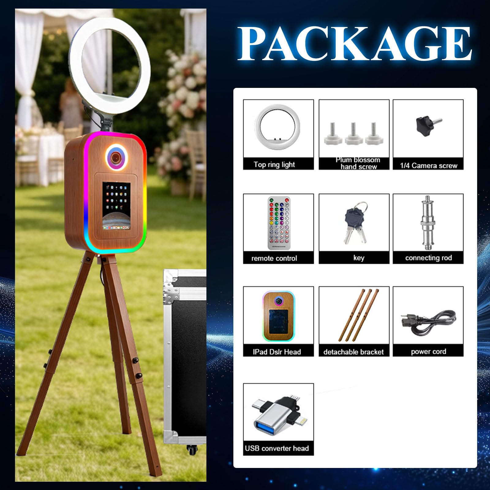 Statyw fotobudka z oświetleniem pierścieniowym kompatybilna z powierzchnią/tabletem/iPadem do fotobudki 25.9 cm-33.0 cm Shell Stand Selfie Photobooth Machine na wydarzenia (odcień drewna, maszyna +