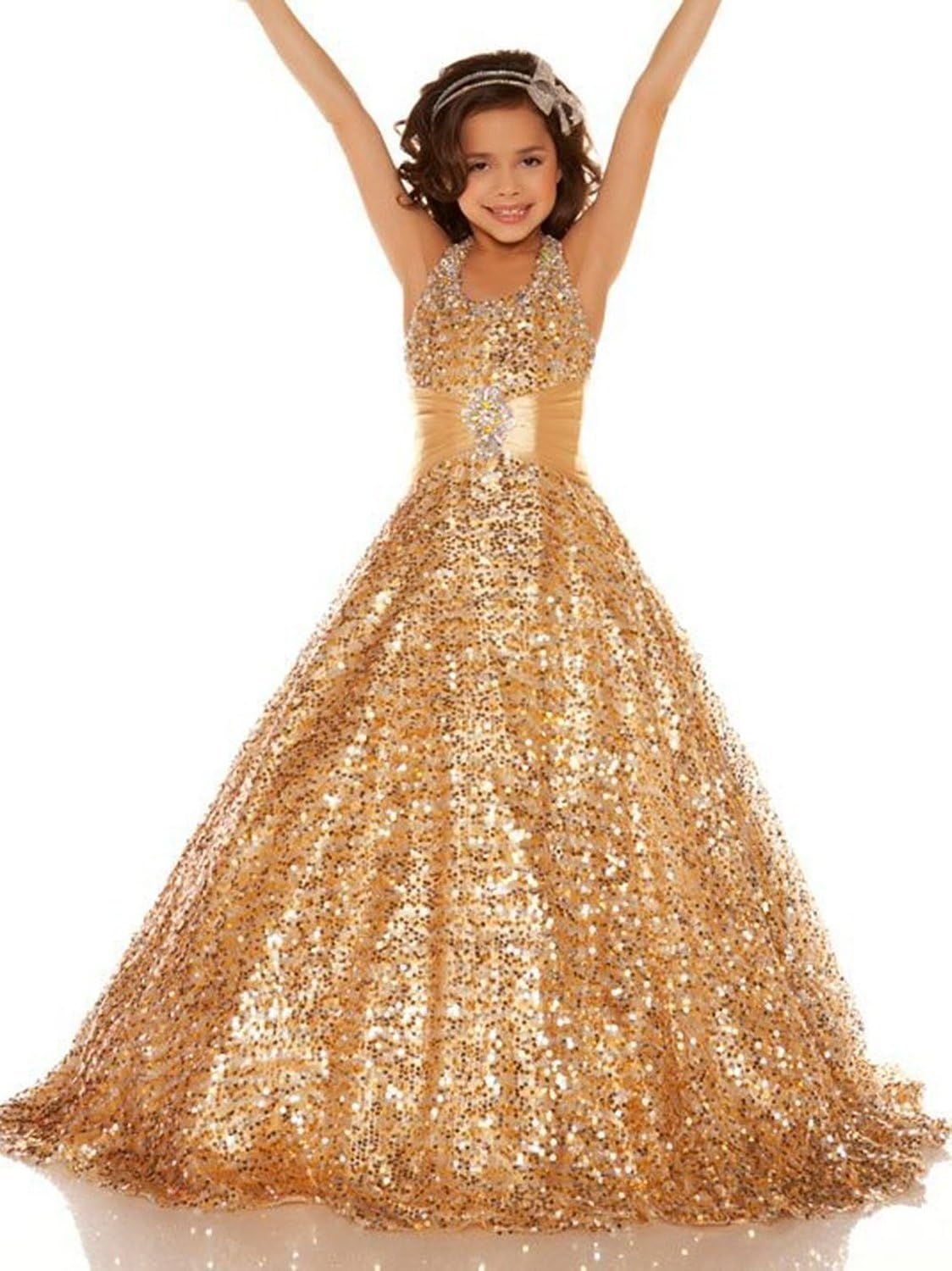 jjhouses Golds Sequins Pageant Dress Long Flower Girl Bridesmaid Dress (6, Gold)