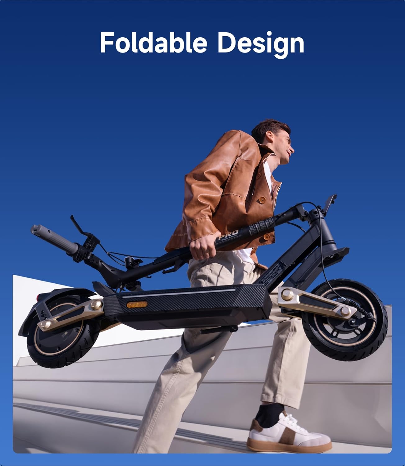 A person carrying the folded NAVEE ST3 Pro Electric Scooter, demonstrating its portability.