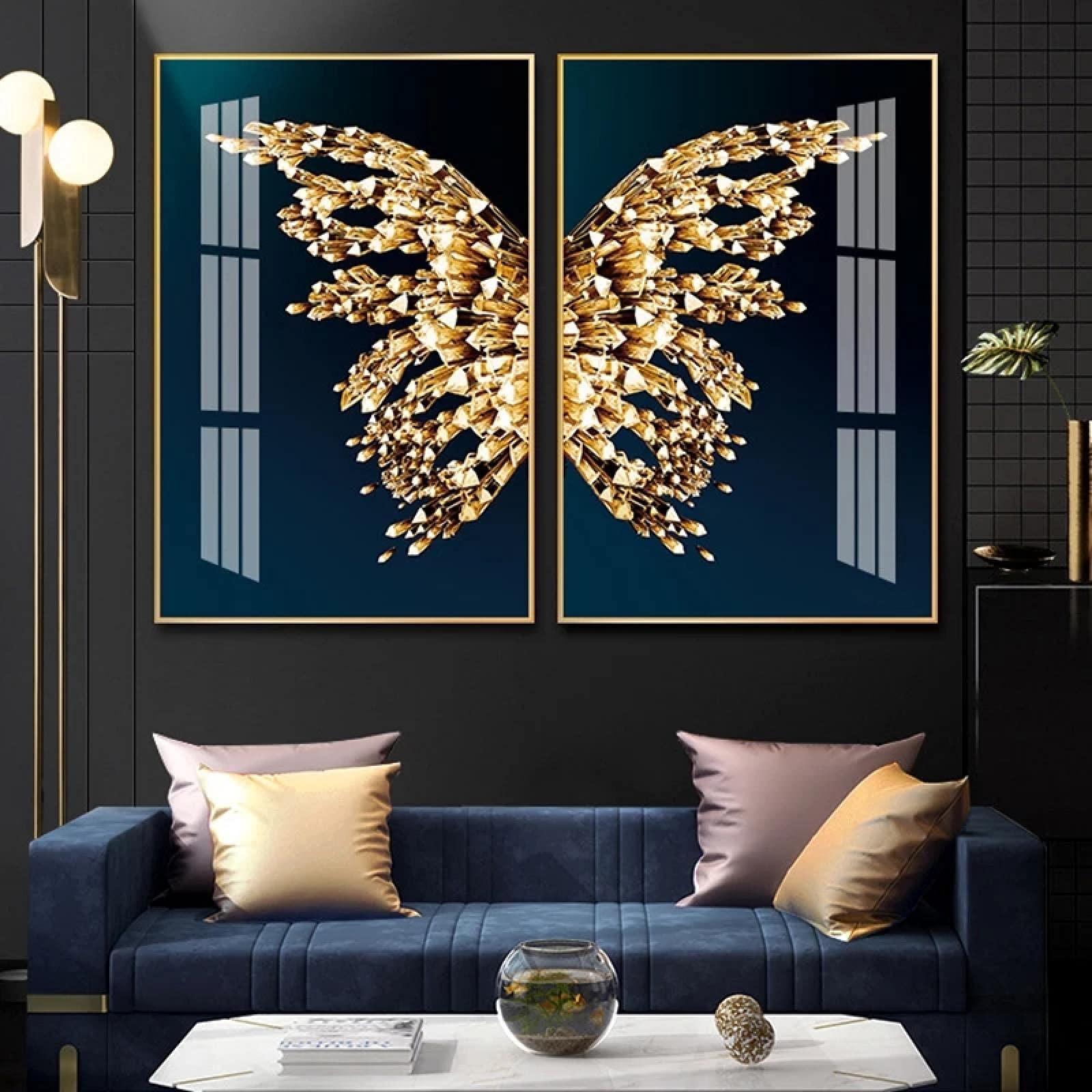 Yooyu Cuadro de lienzo de mariposa dorada, póster de pared de lujo, carteles de mariposas de lujo abstractos, decoración de habitación dorada negra, marco interno de 50x70x2cm