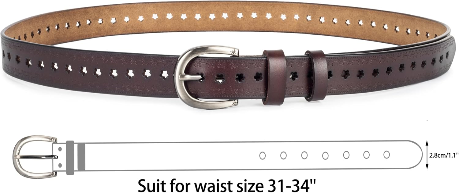 Womens Hollow Floral Belts Engraved Embossed Genuine Fashion Leather Belt