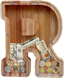 Large Piggy Bank for Kids Boys Girls, Personalized Wooden Letter Piggy Bank with Cut-Out Design, Alphabet Letter Coin Banks, Money Savings Box,Birthday Present for Kids Adults and Home Decoration (R)