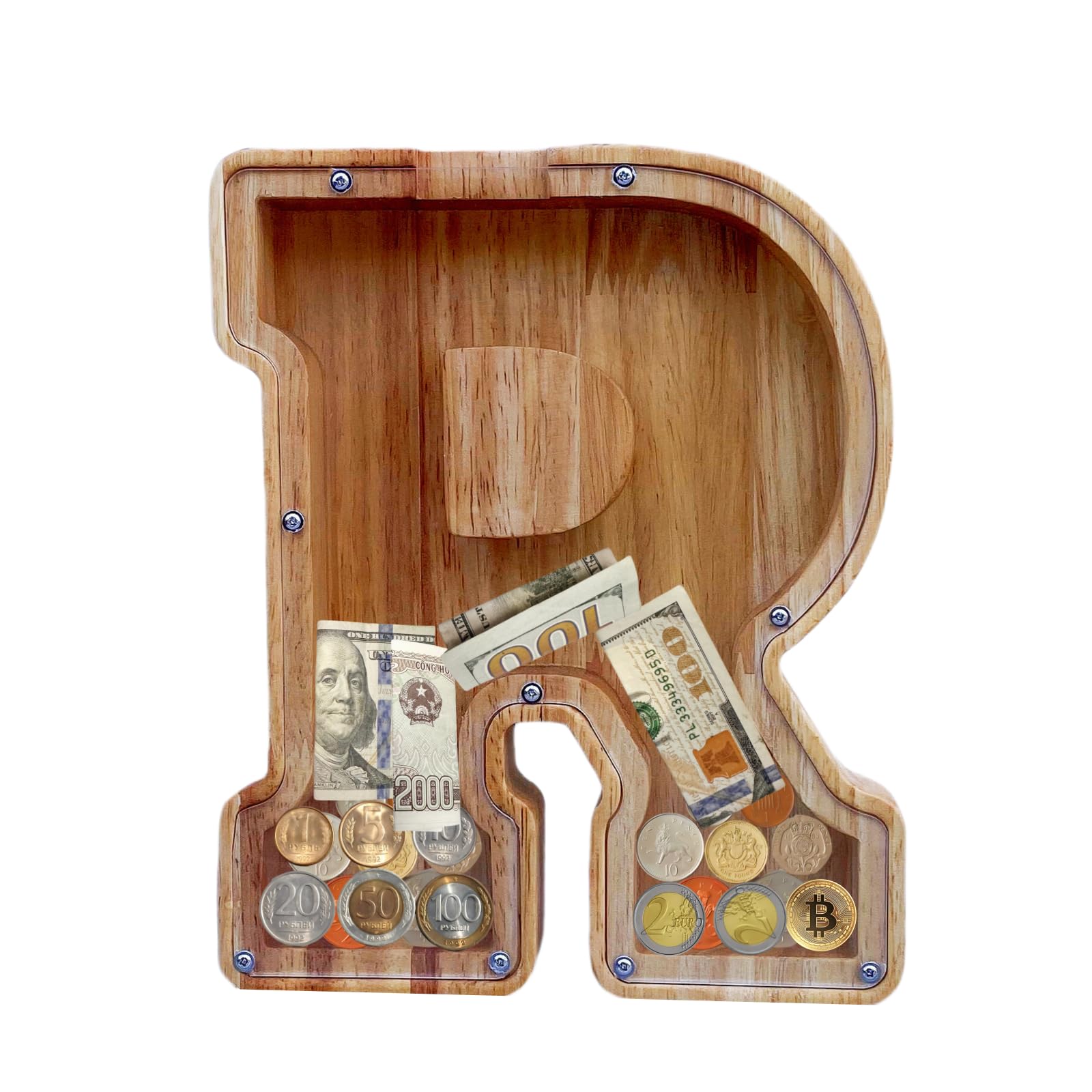 Large Piggy Bank for Kids Boys Girls, Personalized Wooden Letter Piggy Bank with Cut-Out Design, Alphabet Letter Coin Banks, Money Savings Box,