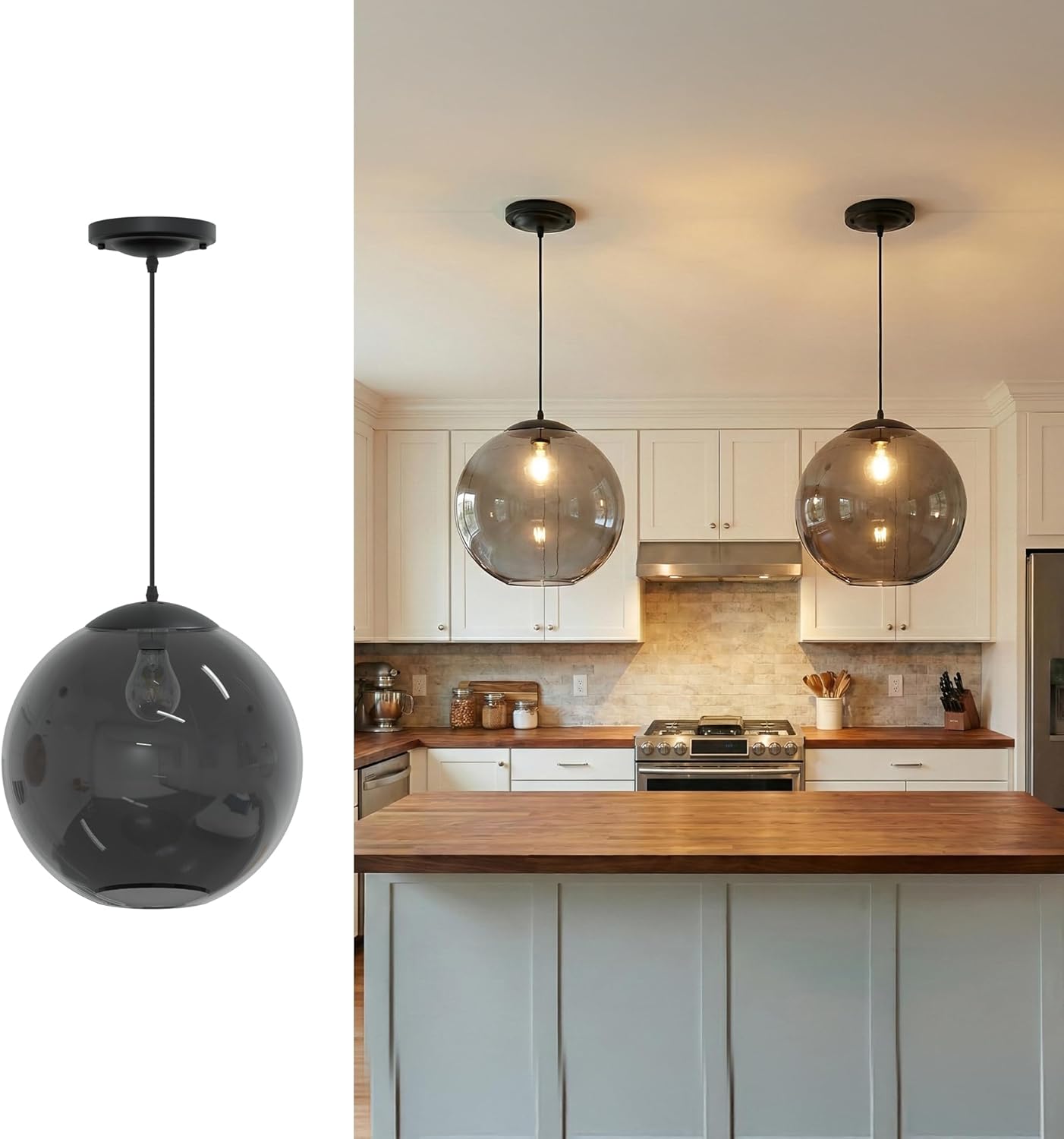 KASTLITE 12" Acrylic Globe Pendant Light Fixture, 8W 3000K Filament LED Bulb, Ceiling Mount - Kitchen Pendant Lighting Over Island, Hanging Dining Light, Living Room Lamp - Smoke Shade, Black Base