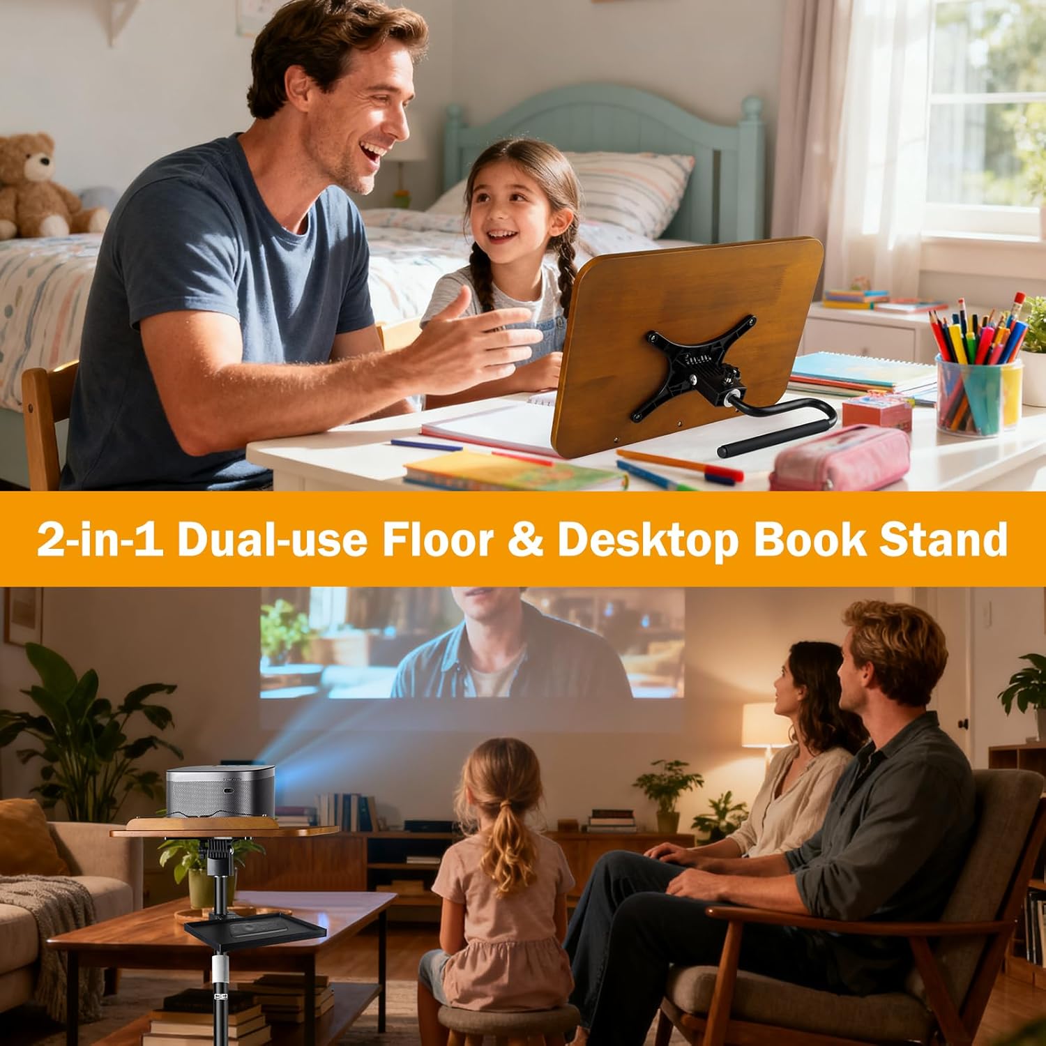 2-in-1 Dual-use Floor & Desktop Book Stand, Heavy Duty Wooden Music Stand with Adjustable Height from 16.5" to 51", Book Holder with Elastic Page Clips & Tray for Cookbook,Magazine,Laptop, Projector