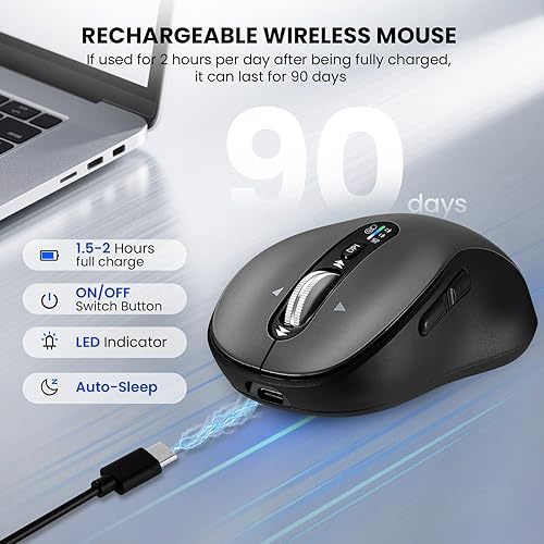 Miniatura 6 de Ratón inalámbrico Bluetooth Ergo, mouse de computadora Ergo para múltiples dispositivos, desplazamiento de metal de 4 vías,  3200 DPI, 10 botones,