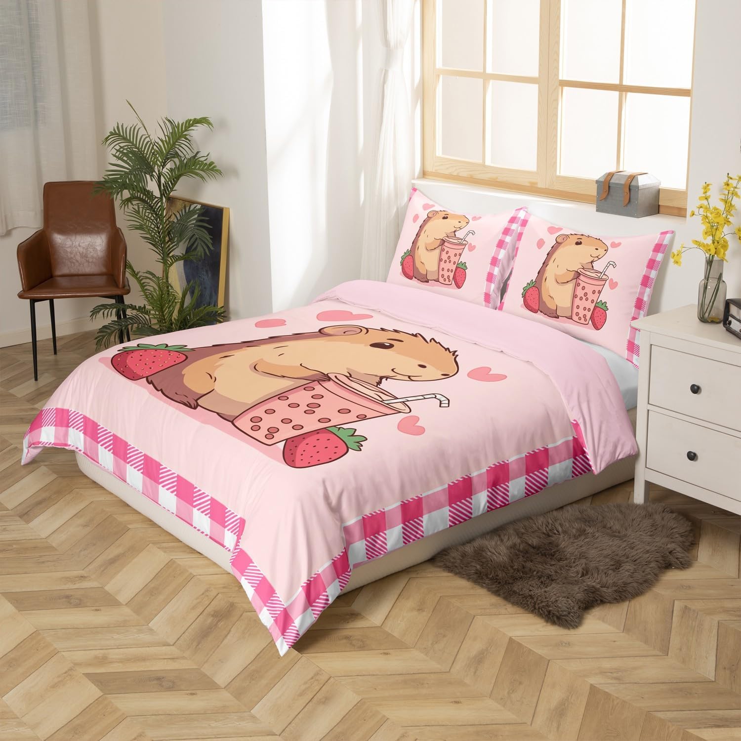 Erosebridal Cute Capybara Kids Queen Size Comforter Cover,White Pink Buffalo Plaid Decor for Girls Boys Child Bedding Set Dessert Milk Tea Strawberry Duvet Cover Love Heart Girly Quilt Cover