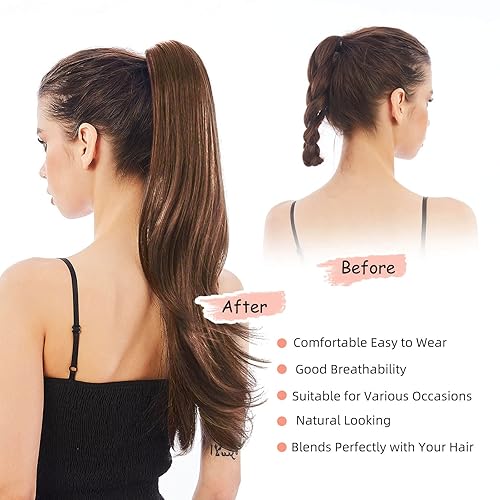 Miniatura 3 de Extensión de cola de caballo, extensión de pelo de cola de caballo de 20 pulgadas de largo, extensión de pelo sintético ondulado lacio, cola de