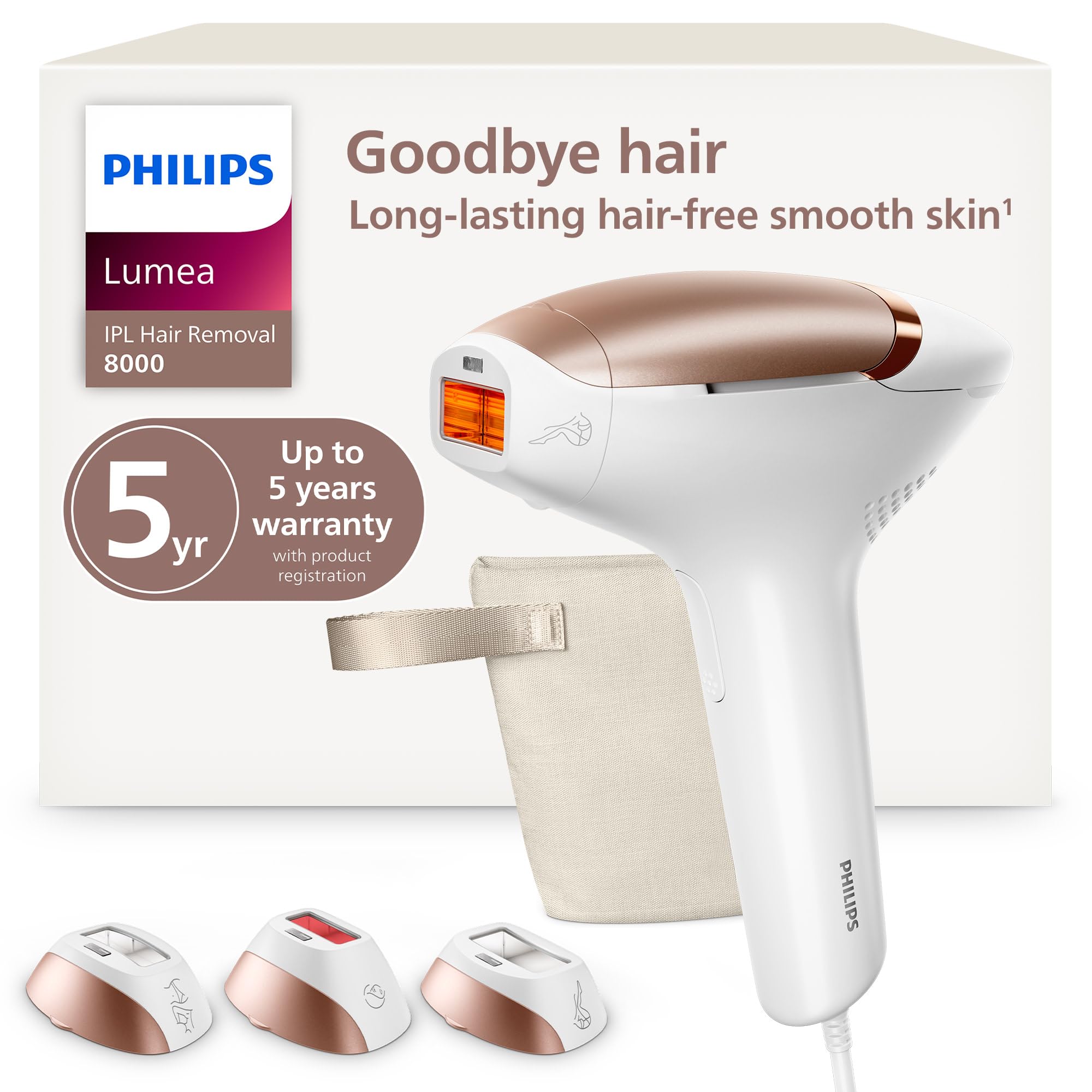 Photo 1 of Philips Lumea 8000 Series IPL Hair Removal Device, Permanent Laser Hair Reduction for Women & Men, Easy and Comfortable Use at Home, SenseIQ, 3 Attachments for Body, Face, Intimate, BRI937/03