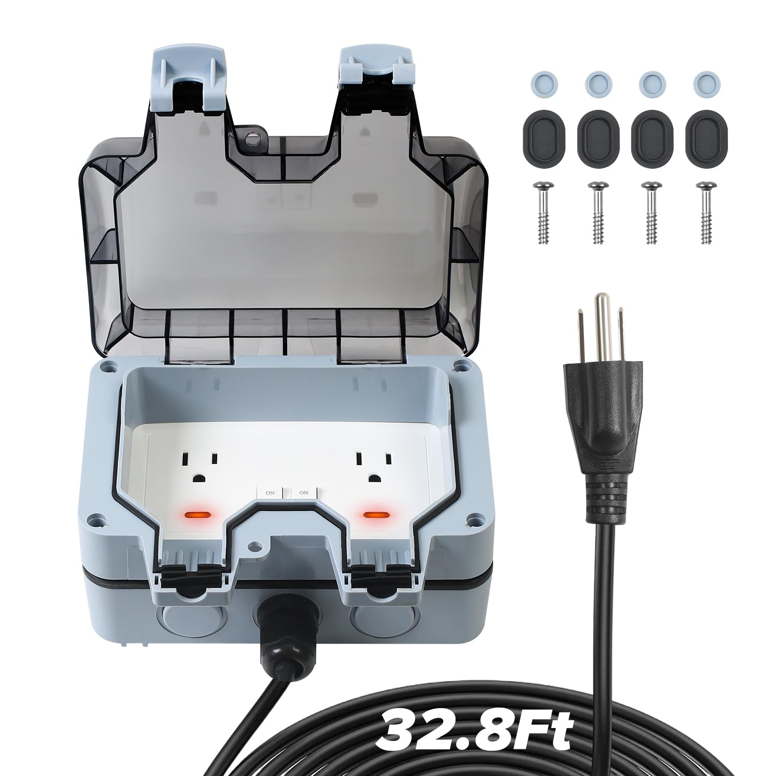 ZUYIYI Outdoor Power Outlet Box with 32.8Ft Extension Cord, Switches & LED Indicator Electrical Outlets Extender, 14 AWG 15 AMP 5-15R, Waterproof IP66