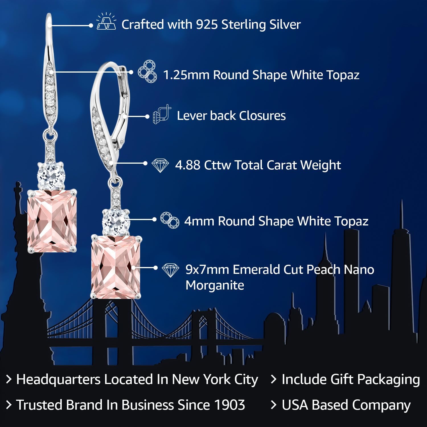 Gem Stone King Drop Dangle Gemstone Birthstone and White Topaz Earrings for Women | 925 Sterling Silver | Emerald Cut 9X7MM | Fine Jewelry Gifts for Her Mom Anniversary Wedding