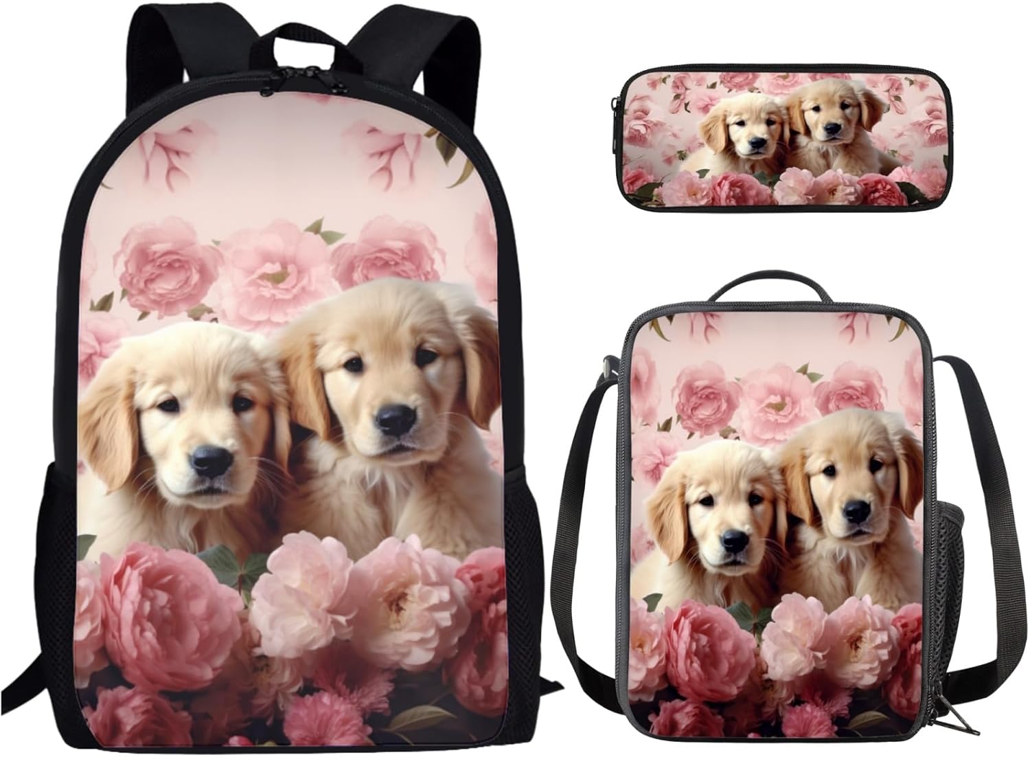 Flowers Golden Retriever School Backpack Boys Girls Kids Lightweight School Bag Set Student Backpack, Insulated Lunch Box and Small Pencil Case 3 Piece Set