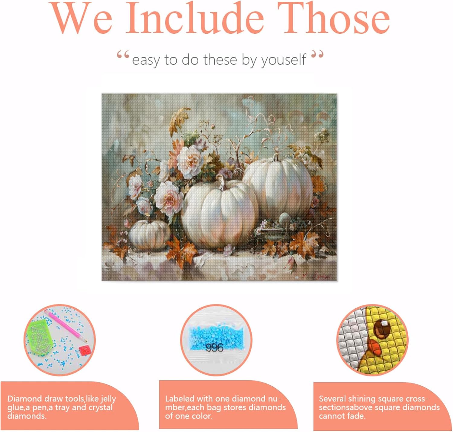 QZOTRXI Autumn Diamond DIY 5D Art Kit for Adults, Vintage Pumpkin Blossom Square Full Diamond Diamond Art Kit, Autumn Scenery Diamond Art Crafts for Home Wall Decoration 16x20 Inch