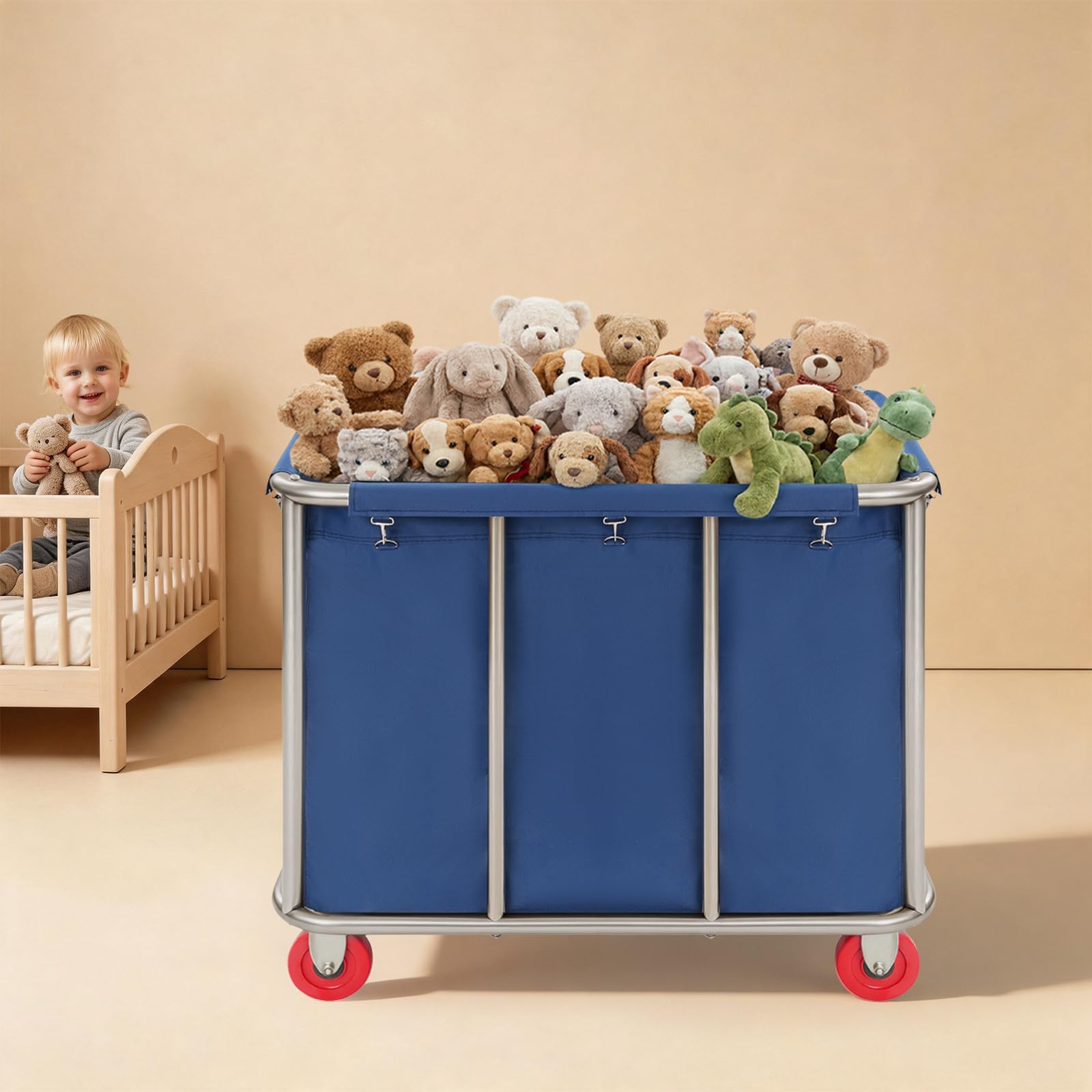 Carrito de lavandería con ruedas de acero inoxidable, 90 x 65 x 80 cm, con tela Oxford, capacidad de carga de 260 libras, carrito de lavandería comercial, para hotel, lavandería, cesta para la colada